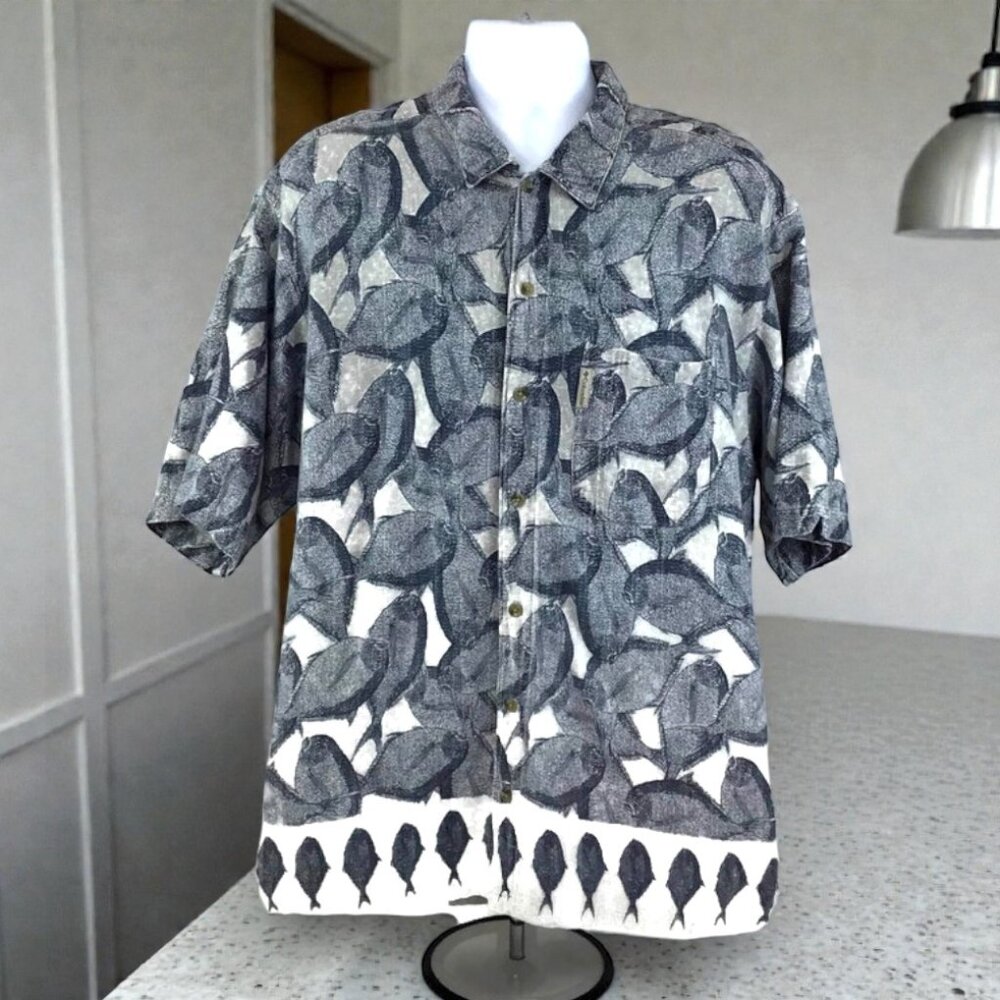 Columbia VTG Fish Art Shirt Men's Short Sleeve Button Up Collared Shirt Size XLG